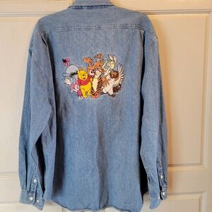 Vintage Disney Store Winnie The Pooh Denim Button Up Long Sleeve Shirt